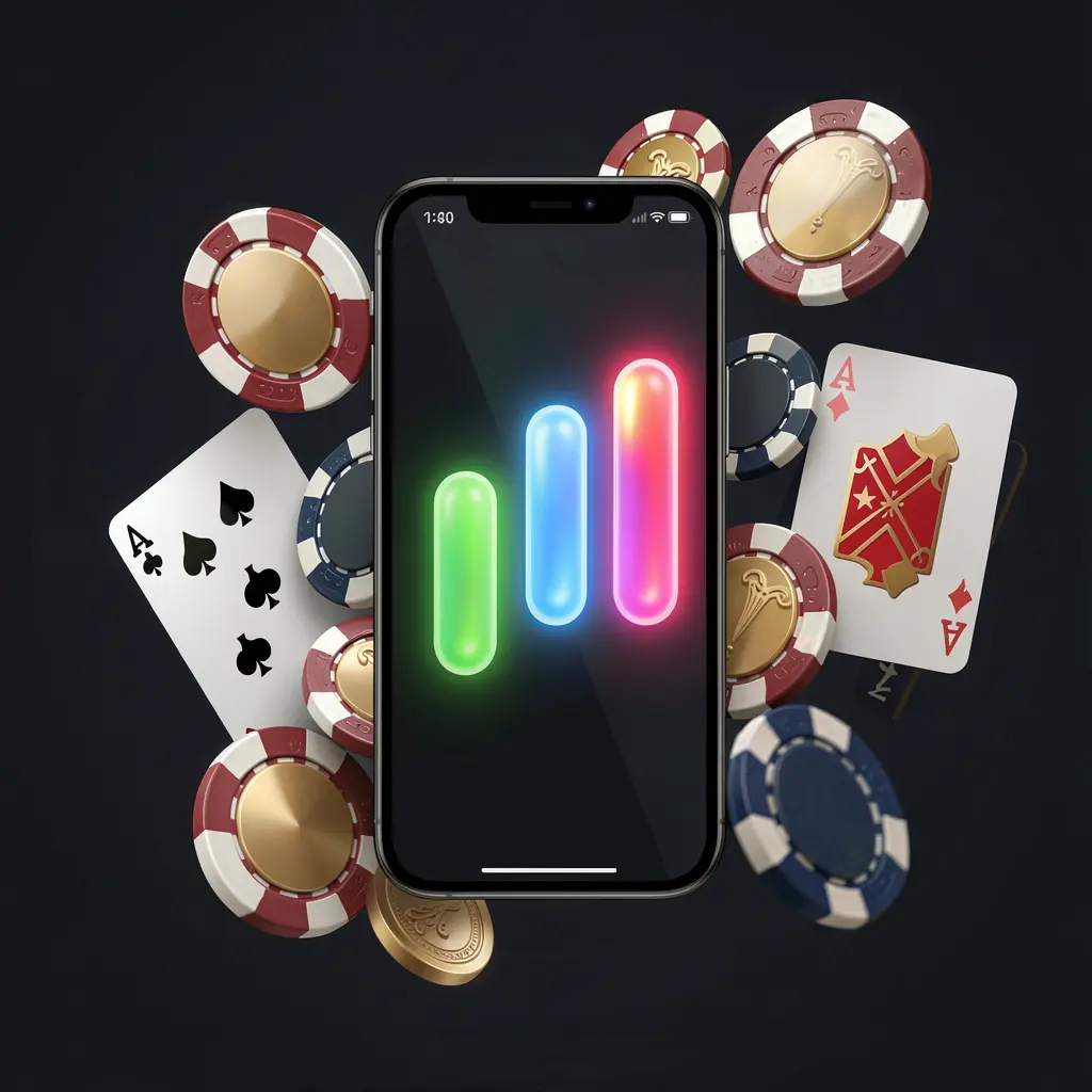 EX666 casino app installation on a smartphone with glowing progress bar, surrounded by coins, chips, and cards on a dark background, showcasing premium mobile gaming design