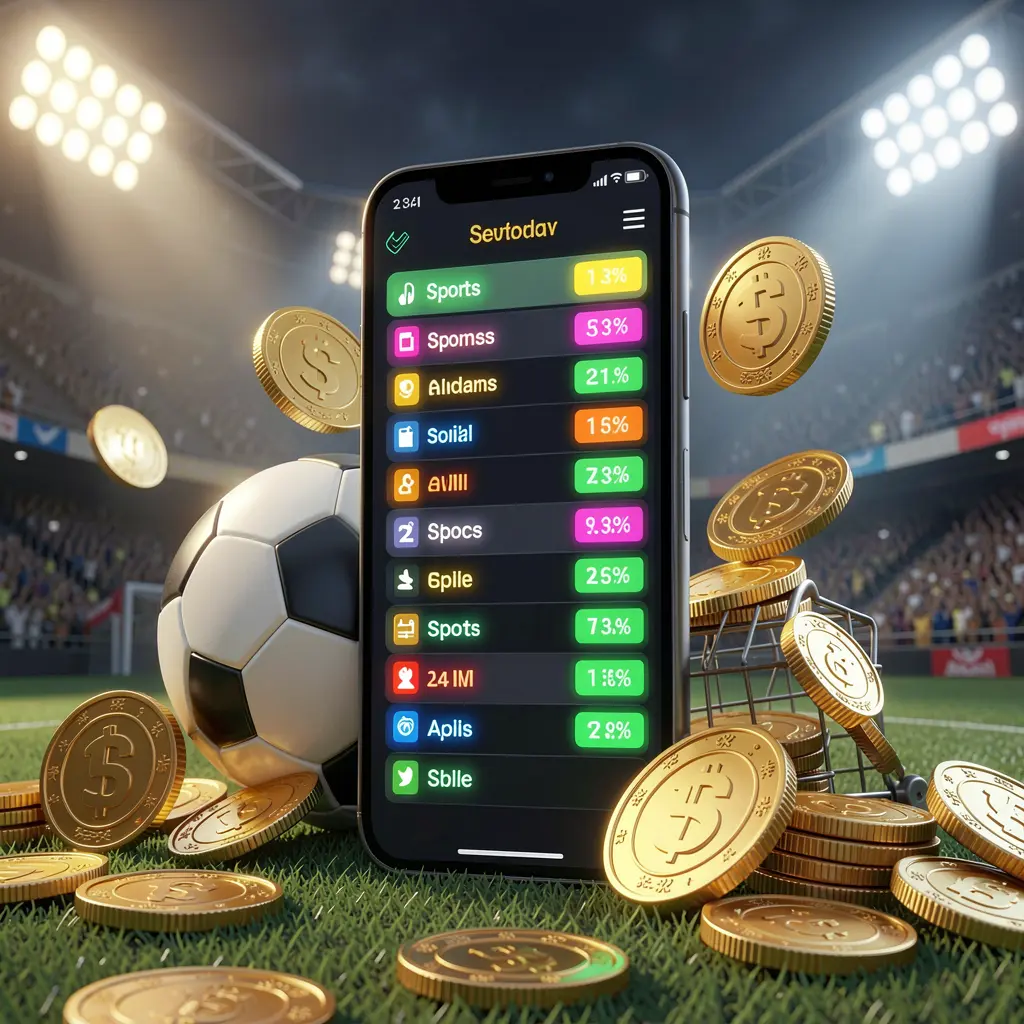 EX666 modern football betting visual with smartphone displaying glowing sports odds interface, soccer ball, golden coins, and stadium lights in a premium 3D illustration