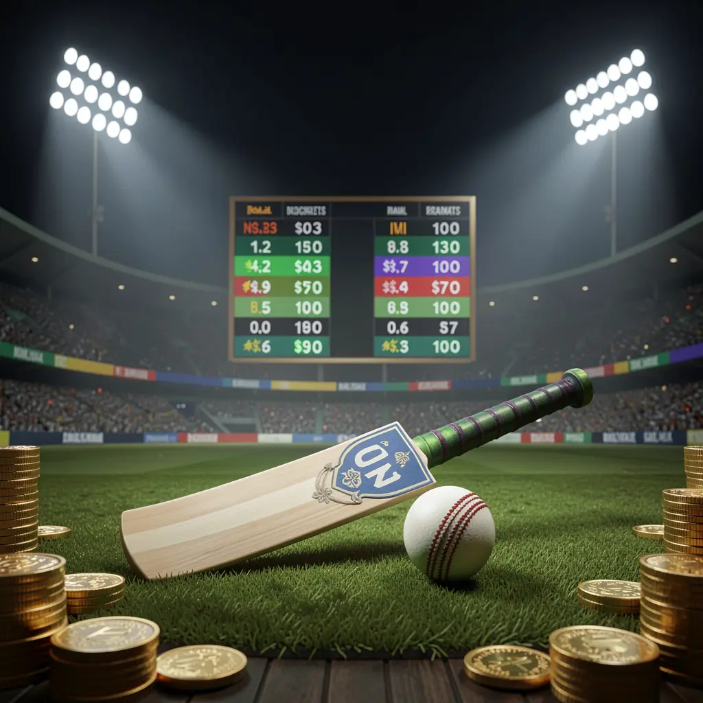 EX666 cricket betting page hero banner featuring a cricket stadium at night with bright floodlights, a cricket bat and ball on a green pitch, glowing odds panels, and golden coins in a premium dark cinematic 3D render