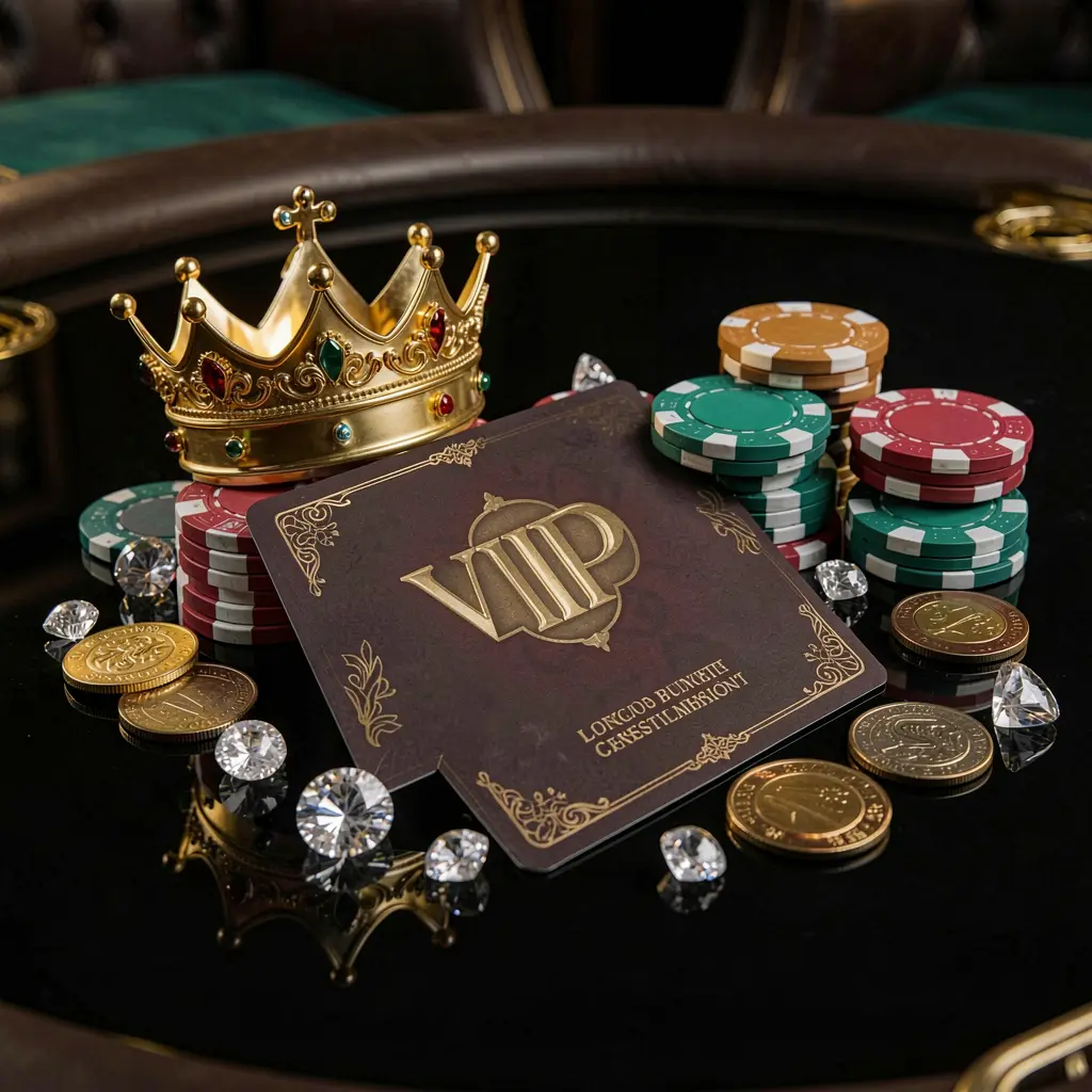 EX666 VIP casino bonus concept featuring a golden crown, luxury membership card, poker chips, diamonds, and coins arranged on a glossy black table in an elegant premium style EX666 VIP casino bonus concept featuring a golden crown, luxury membership card, poker chips, diamonds, and coins arranged on a glossy black table in an elegant premium style