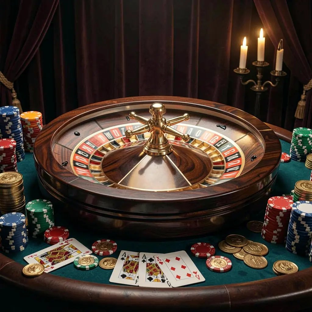 EX666 classic casino scene featuring a spinning roulette wheel, scattered chips, playing cards, and coins on an elegant dark table with cinematic lighting