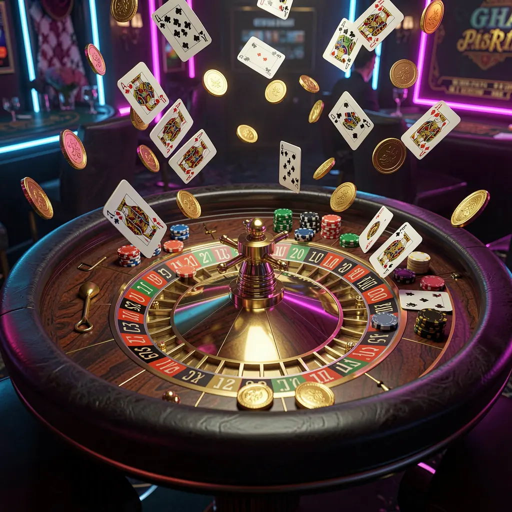 EX666 premium casino gaming scene featuring an elegant roulette table with chips and cards, golden coins flying in the air under dramatic neon lighting in a high detail 3D render