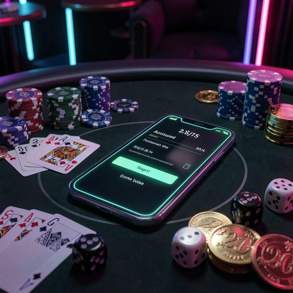 EX666 casino account sign in scene with a glowing smartphone on a casino table surrounded by cards, chips, dice, and gold coins, set against an elegant dark background with neon highlights in a realistic 3D render