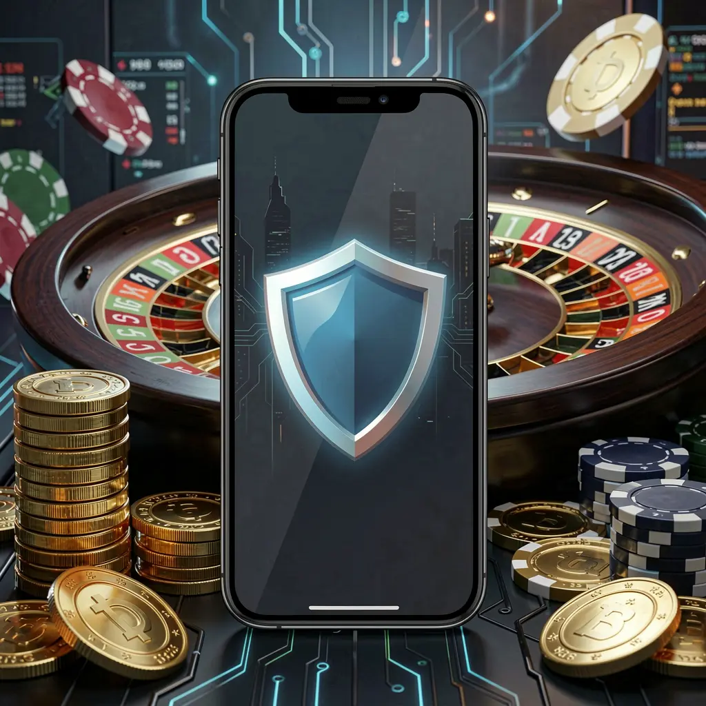 Secure mobile casino access on phone screen with shield icon, roulette wheel, poker chips, and golden coins in a dark cyber luxury atmosphere featuring EX666 branding