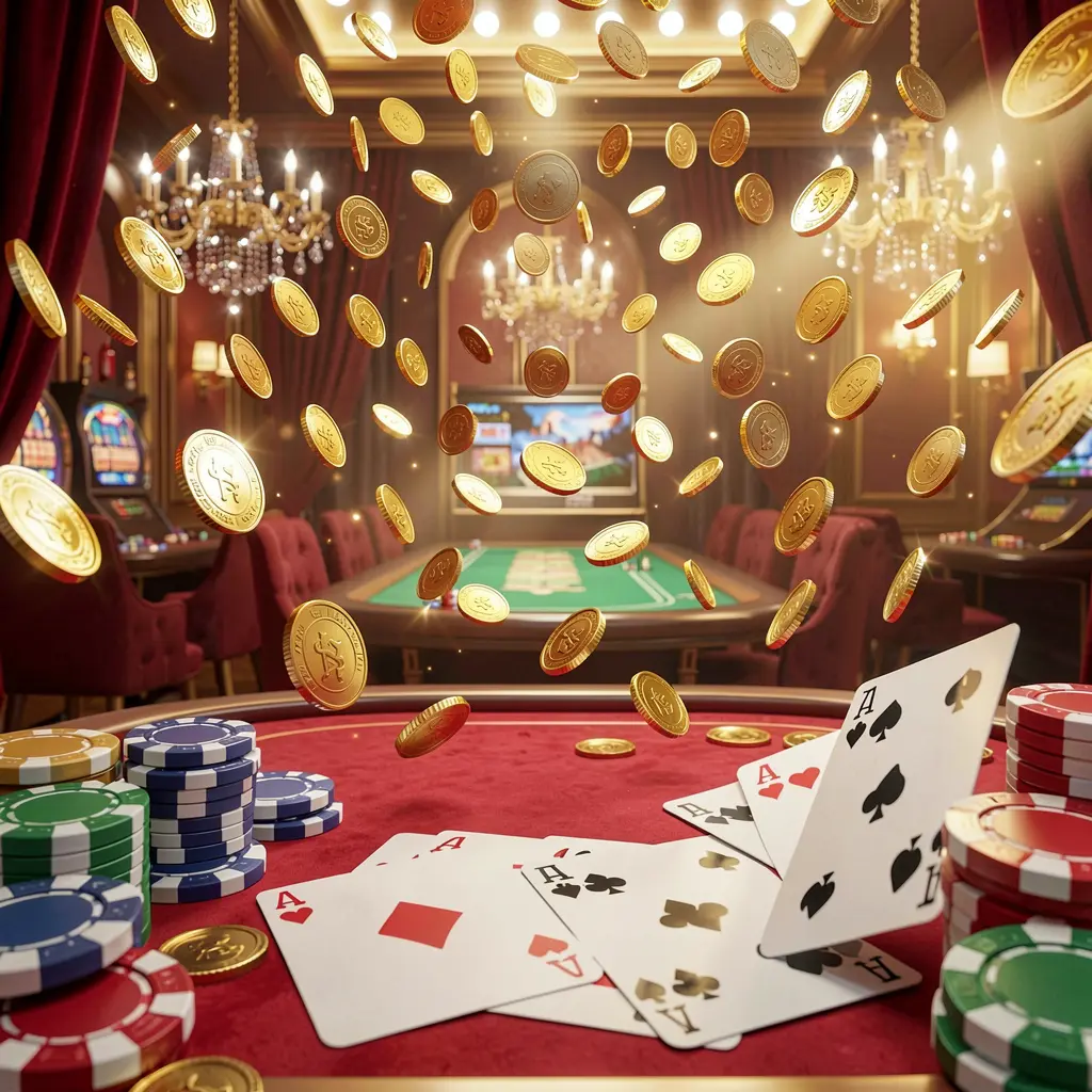 EX666 online gaming platform homepage banner featuring bright casino lights, golden coins raining, poker chips and playing cards in the foreground with a luxury red and gold atmosphere in a high detail 3D render