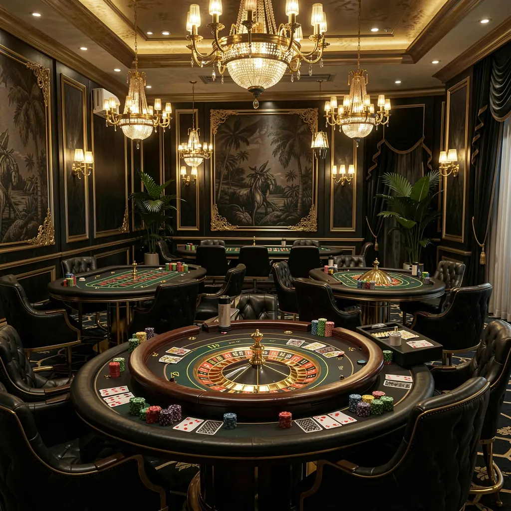 EX666 luxury online casino lobby scene with glowing roulette tables, golden lights, poker chips and cards in a premium black and gold design